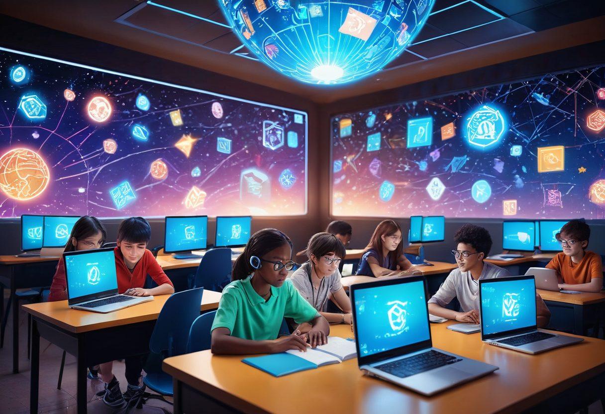 A vibrant classroom scene set in a virtual world, featuring a diverse group of excited students interacting with animated online resources on their laptops. They are guided by a friendly teacher hologram, with educational icons like books, calculators, and globes floating around. The background shows a futuristic and high-tech environment with interconnected networks symbolizing seamless virtual learning. anime-style. vivid colors. futuristic aesthetics.