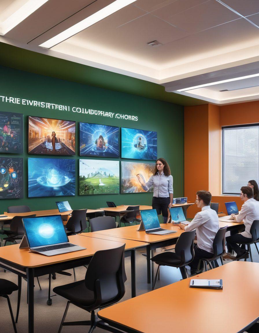 A futuristic classroom with students engaging with immersive digital interfaces, holograms, and interactive learning tools. Bright monitors display dynamic educational content, while a teacher guides the experience using a tablet. The classroom has a blend of traditional elements like desks and whiteboards mixed with advanced technology. super-realistic. vibrant colors.