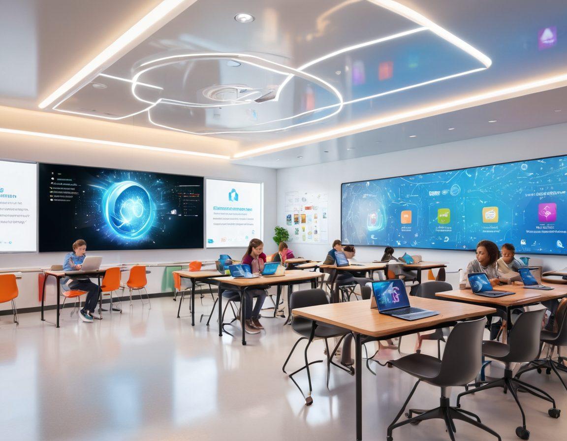 A futuristic classroom with diverse students engaged in interactive online learning via holographic screens. Teachers guiding from virtual pods. Modern educational tools scattered around and a glowing CP School logo in the background. Bright, open spaces symbolizing limitless possibilities. super-realistic. vibrant colors. white background.